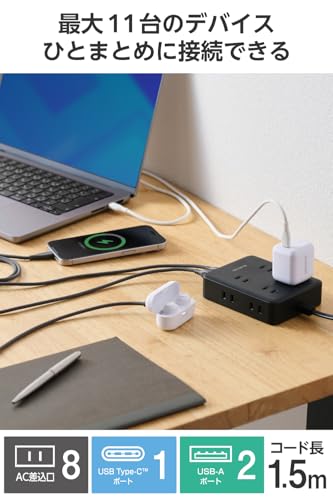 Elecom Power Strip with USB, 20W, PD Compatible, 1 Type-C, 2 USB-A, 8 AC Plugs, 1.5m, Lightning Guard, Dust Protection Shutter, Black, ECT-44-8A2C15BK