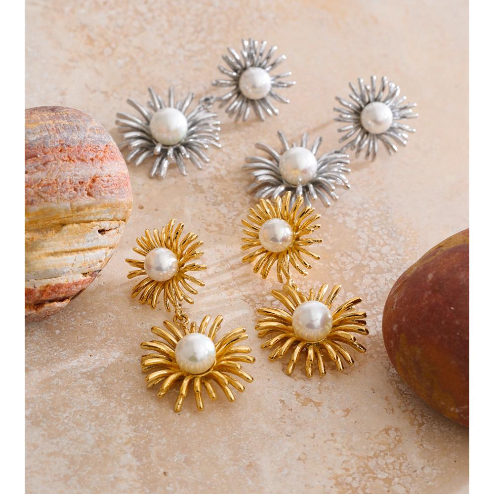 Yhpup Fashion Imitation Pearls Flower Drop Dangle Earrings for Women Stainless Steel Modern Statement Jewelry Waterproof 2026