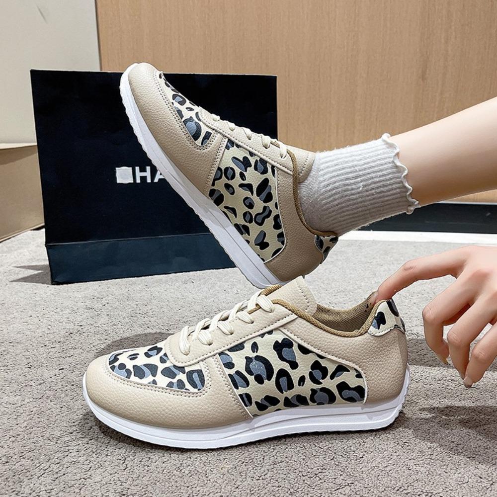 Fashion Ladies' Spring Fashion Leopard Print New Casual Single Shoe with Soft Sole and Lace Up Comfortable Breathable Sneakers Shoes