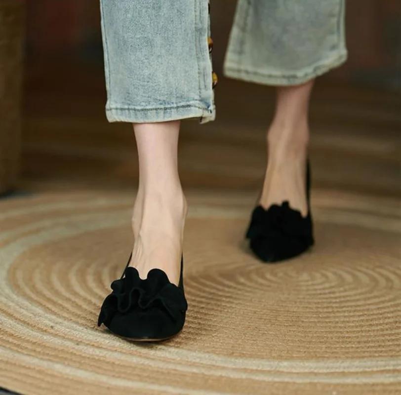 Fashion Luxury Leather Casual Shoes For Women Square Heels Low Heel Elegant Woman Footwear Pointed Toe Pleated 39 Quick Delivery Dress L