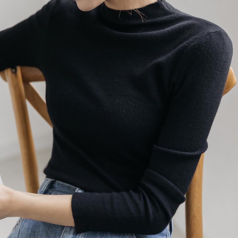 Fall Winter Half Turtleneck Sweater Slim Top Long Sleeves Solid Color Bottoming Sweater