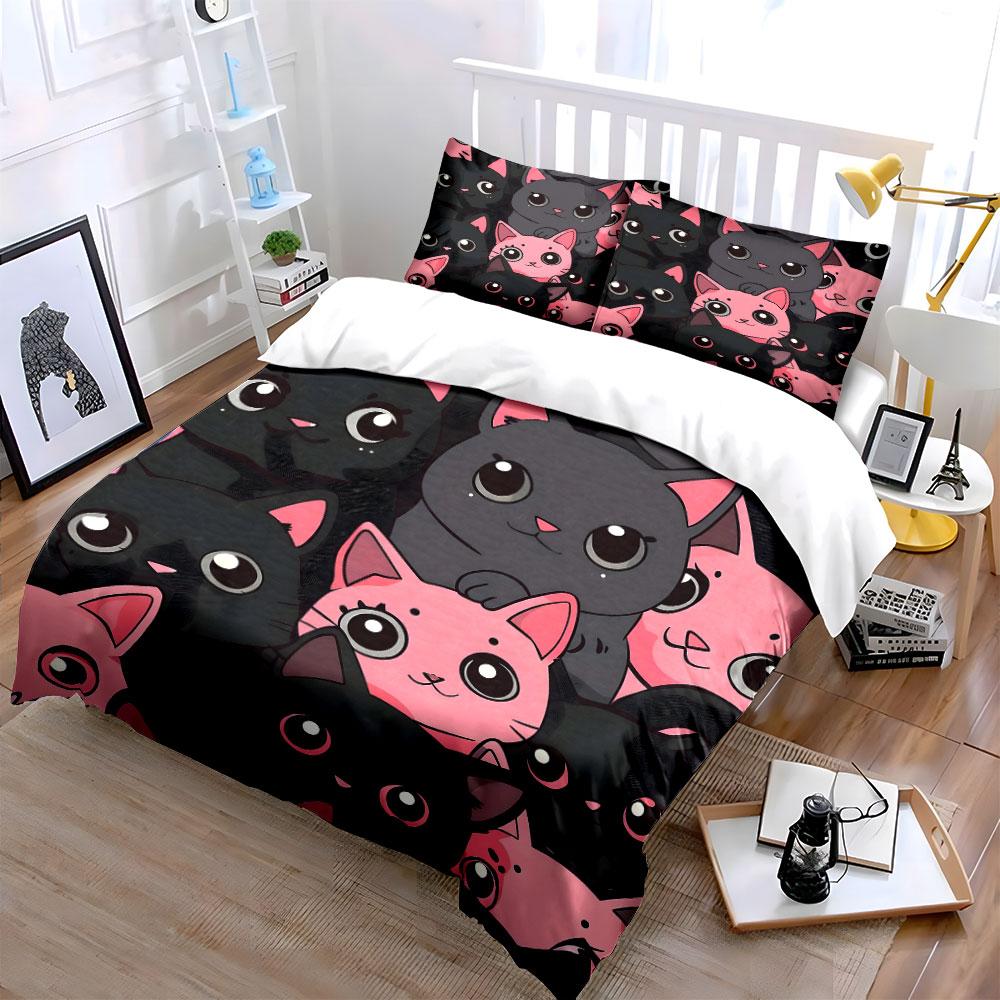 Cute Pink and Black Cat Bedding Bedding Duvet Cover Set Duvet Cover Pillowcases (1 * Duvet Cover 2 * Pillowcases, Without Duvet Insert)