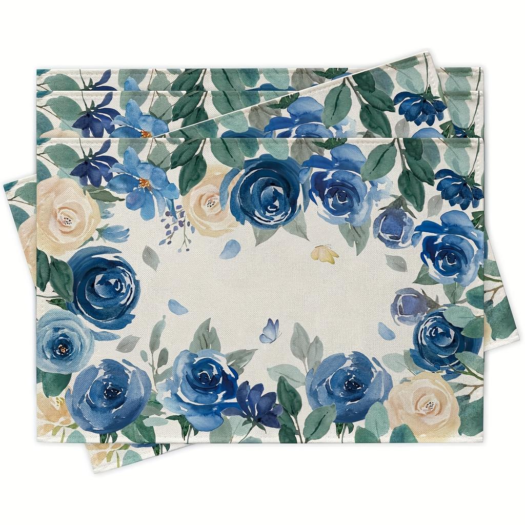 4pcs Blue & White Rose Floral Placemats – Elegant Watercolor Design, Machine Washable, Perfect for Spring/Summer Dining Parties
