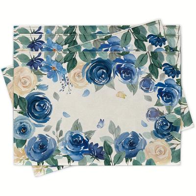 4 Stück Blau-Weiße Rosen-Blumen-Tischsets – Elegantes Aquarell-Design, Maschinenwaschbar, Perfekt für Frühlings-/Sommer-Essenspartys