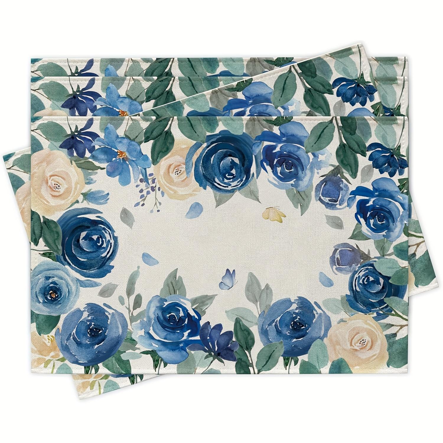 

4pcs Blue & White Rose Floral Placemats – Elegant Watercolor Design, Machine Washable, Perfect for Spring/Summer Dining Parties 30x45cm-4PC