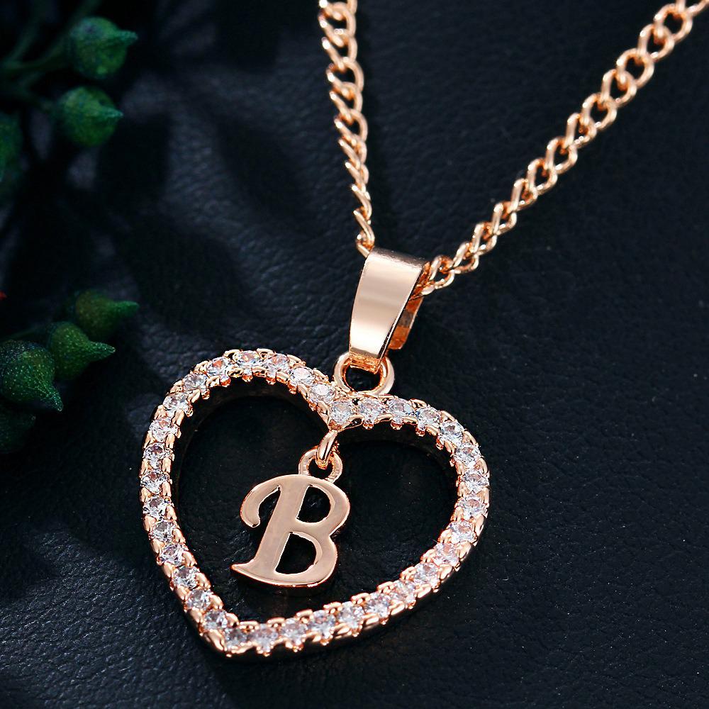 Heart Pendant Zircon Letter Necklace - 26 Letters Available