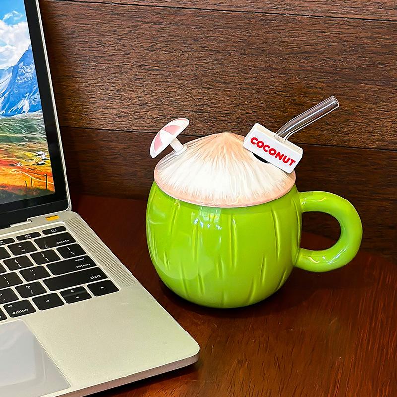 

Кружка в форме кокоса Милая чашка для питья с крышкой и соломинкой Посуда Керамическая кофейная чашка Смешные чашки Пивные кружки Персонализированный подарок Чай 430ML розовый