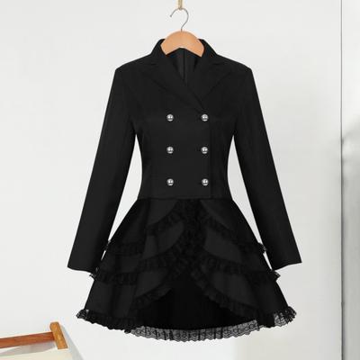 Women Double Breasted Victorian Steampunk Blazer Coat Gothic Tuxedo Tailcoat Jacket with Lace Hem Halloween Wedding Uniform Costume