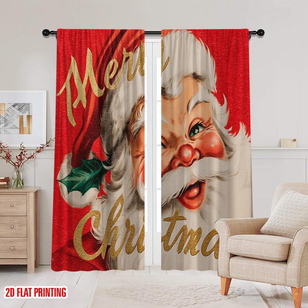 2pcs,2D plane printing Curtain Fabric Santa with Red & Green Holiday Colors Polyester Fabric (without rod) Holiday Ldeal for