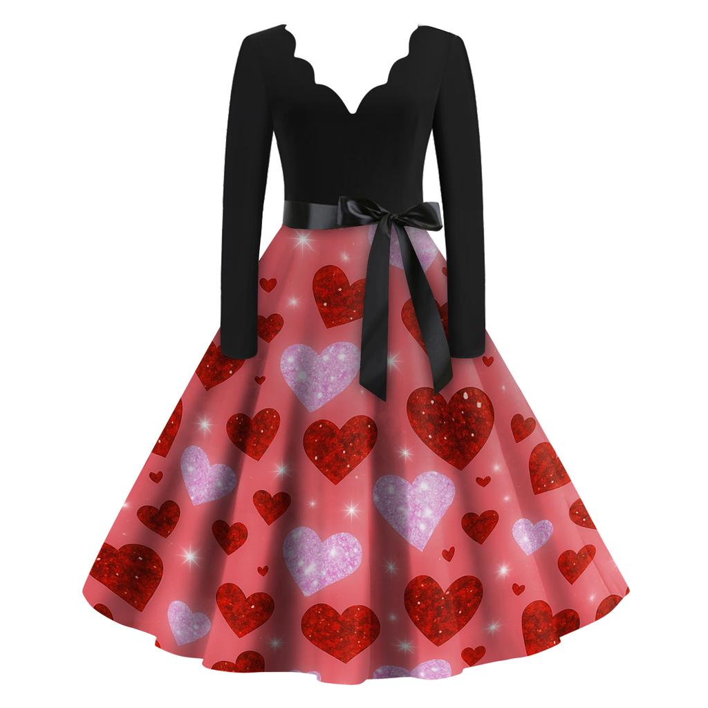 Damen Casual Mode Valentinstag Bedrucktes V-Ausschnitt Retro Langarmkleid