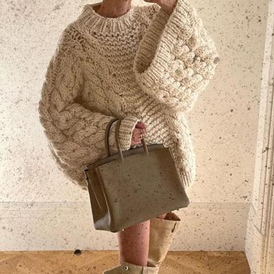 Women Sweater Round Neck Long Sleeve Twist Texture Knitting Tops Solid Color Loose Fit