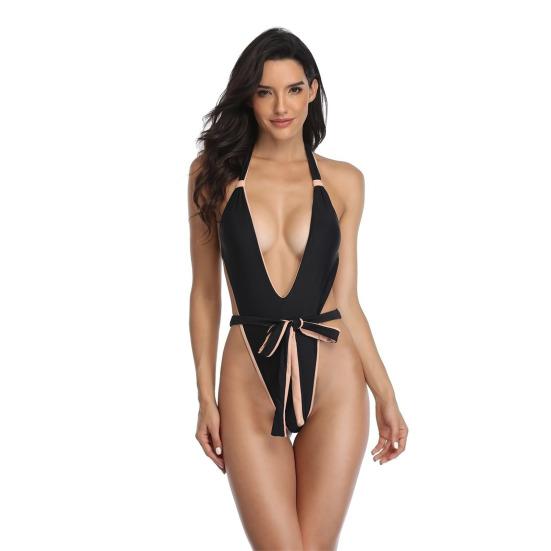 Deep V-neck Backless Bandage Women Monokini Patchwork Color Halter One-Piece Swimsuit