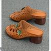 Johnature Ethnischer Stil Peeptoe-Slipper Echtes Leder Durchbrochen Atmungsaktiv Kitten Heels Damen Sandalen