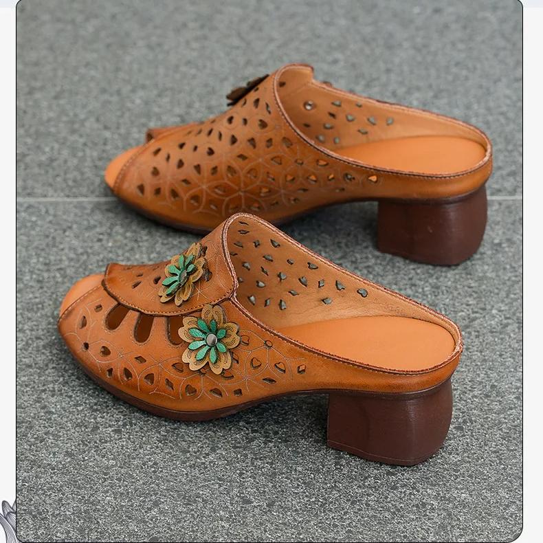 Johnature Ethnischer Stil Peeptoe-Slipper Echtes Leder Durchbrochen Atmungsaktiv Kitten Heels Damen Sandalen