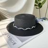 French lace streamer large brim beach hat seaside play straw hat women's sun protection versatile fashion rhinestone flat top hat