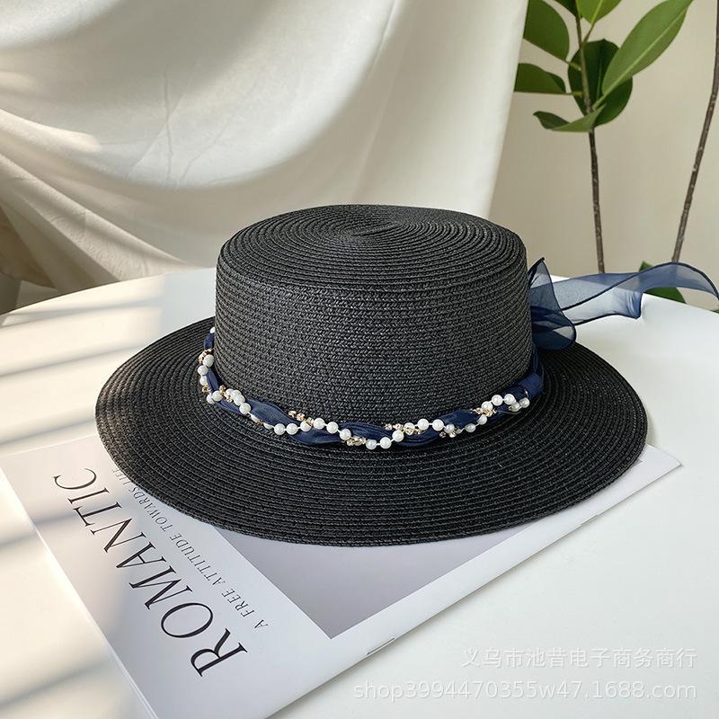 French lace streamer large brim beach hat seaside play straw hat women's sun protection versatile fashion rhinestone flat top hat