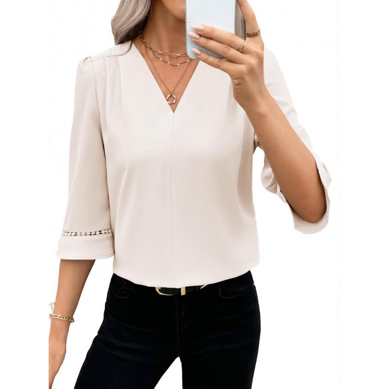 2026 Ny V-ringad Satinklänning Dam Puffärm Enfärgad Lös Passform Topp