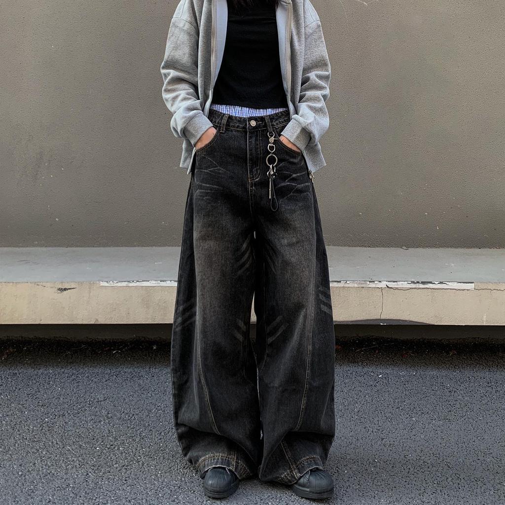 Men's Retro Wide-Leg Washed Ripped Jeans