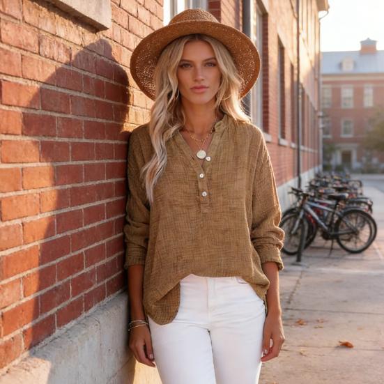 Women Shirt V-Neck Buttons Half Placket Long Sleeve Pullover Tops Solid Color Loose Fit Pleated Tops Casual Tee Daily Wear