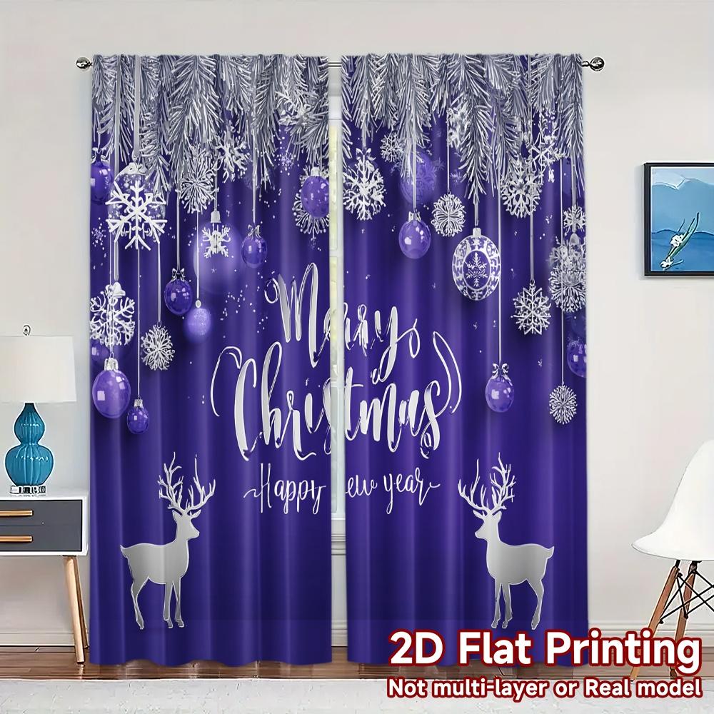 

Set Of 2 Contemporary Flat Printing Jit Curtains Without Rod Festive Reindeer Chic Semi Decorations Curtain Light Filtering Made Polyester W100*H70(CM)-Grommet top&2PCS