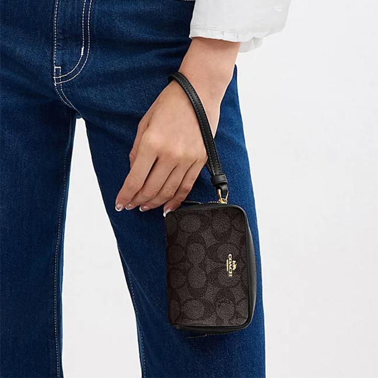 Coach 11 Brand Logo Metal Zipper Wristlet Clutch Mini Women Clutch Walnut Black CW907-IMXAQ