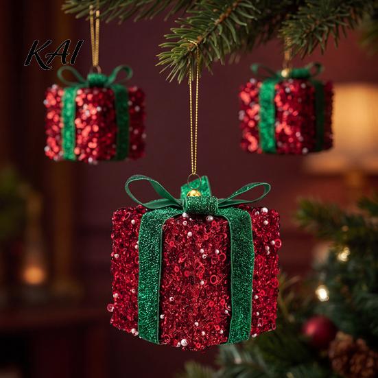 Christmas Window Ornaments Gift Box Ornament with Glitter, 3D Present Hanging Decor Seasonal Indoor Green Ribbon Bow, Holiday Tree Pendant,