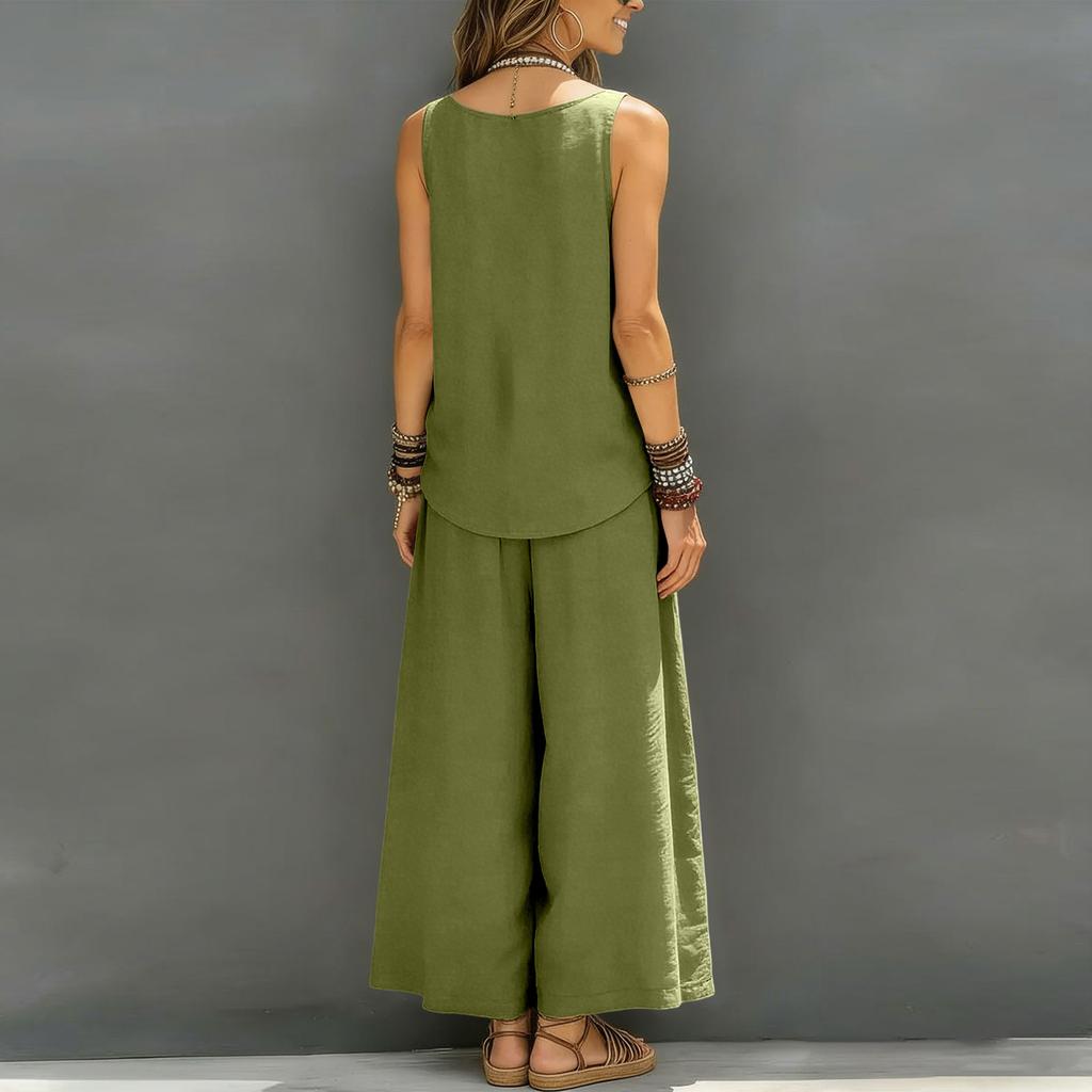 Women's Ccasual Sleeveless Vest And Wide Leg Pants Cotton Linen Set