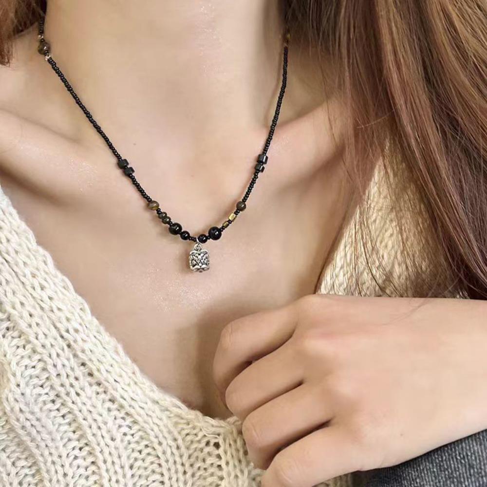 

New Chinese Butterfly Necklace Vintage Black Rope Beaded Chain Lion Pendant Clavicle Chain Unisex D