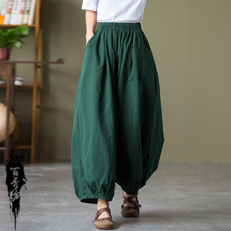 Four Seasons Cotton and Linen Women's Products Sand-washed Linen Bloomers Women's Elastic Waist Loose Casual Pants Nine-point Pants