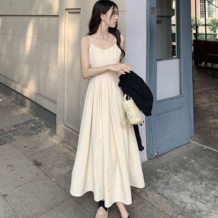 Women's Summer 2024 Sleeveless French-Inspired Pleated Waist Sling Dress