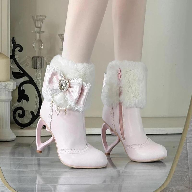 Womens Shoes Japanese Style Lolita Cosplay Dress Boots for Girls Cute Bow Pearl Hollow-out Heels Plush Winter Boots Woman