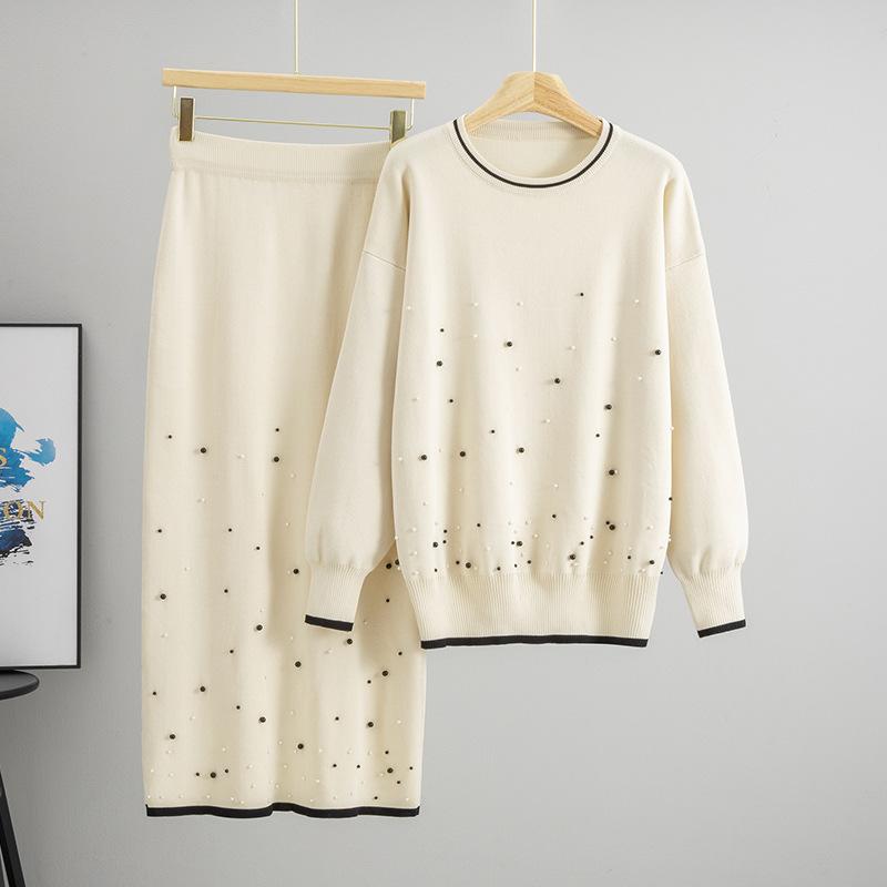 Autumn and Winter Fashion High-waisted Loose Slimming Beaded Knitted Top Half-length Set of Two Pieces