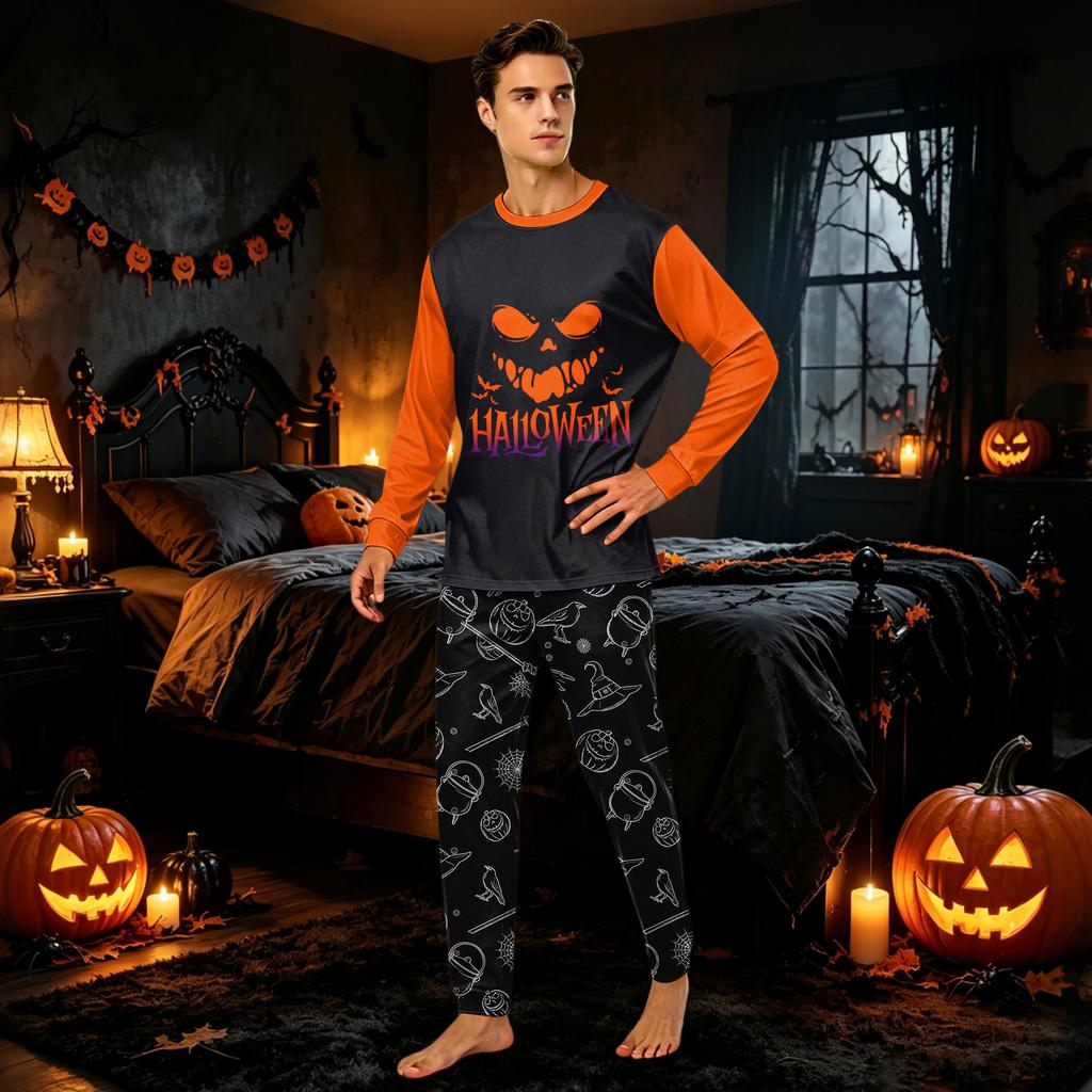Family Matching Halloween Print Long Sleeve Pajama Set with Round Neck and Long Pants for Parents and Kids
