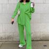Casual High Wasit Pleated Pants Set Women Autumn Long Sleeve Blouses Matching Wide Trousers Suit Green Pleated 2 Piece Pant Sets