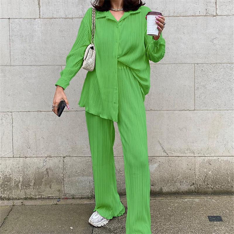 Casual High Wasit Pleated Pants Set Women Autumn Long Sleeve Blouses Matching Wide Trousers Suit Green Pleated 2 Piece Pant Sets