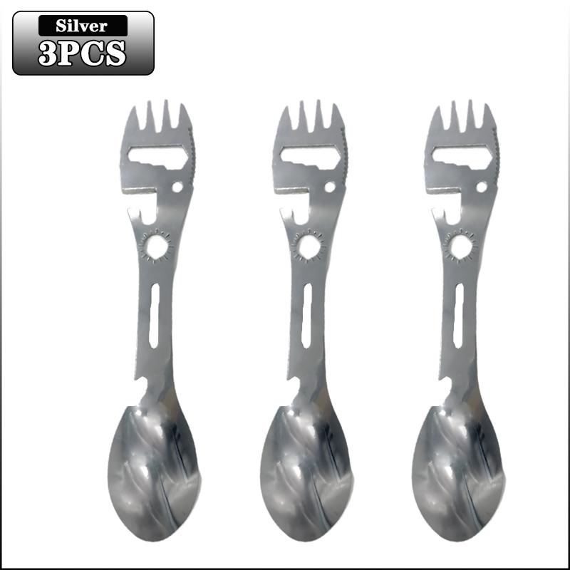 1-20PCS 5 In 1 Stainless Steel Fork Spoon Knife Can Opener Bottle Opener Wrench Multifunctional Gear Outdoor Camping Supplies