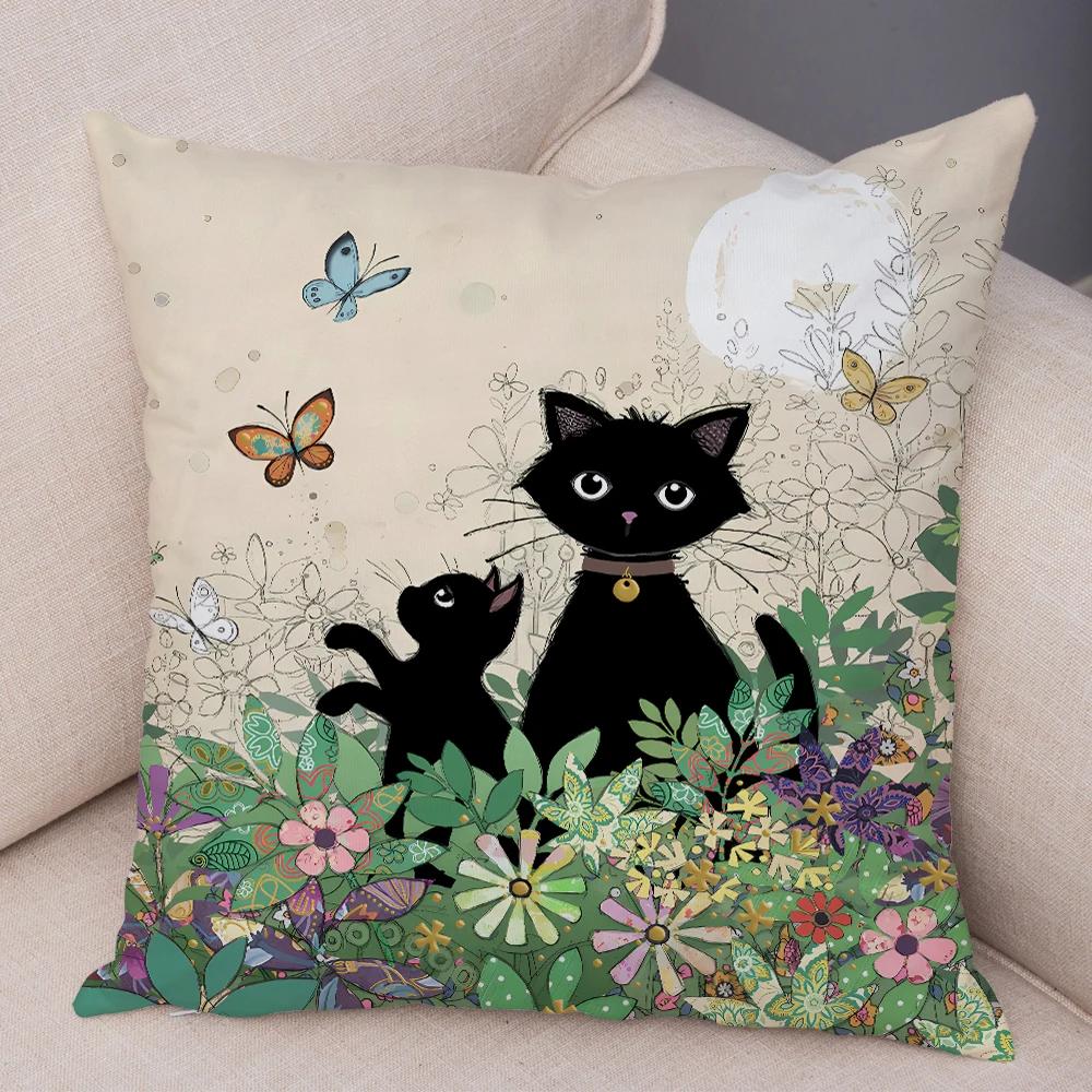 

Double Print Cute Elegant Black Cat Cushion Cover Decor Cartoon Animal Pillow Case for Sofa Home Car Soft Plush Throw Pillowcase 40x40cm16x16Inch