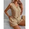Women 2 Piece Outfit V Neck Sleeveless Button Vest High Waist Pocket Shorts Summer Linen Suit