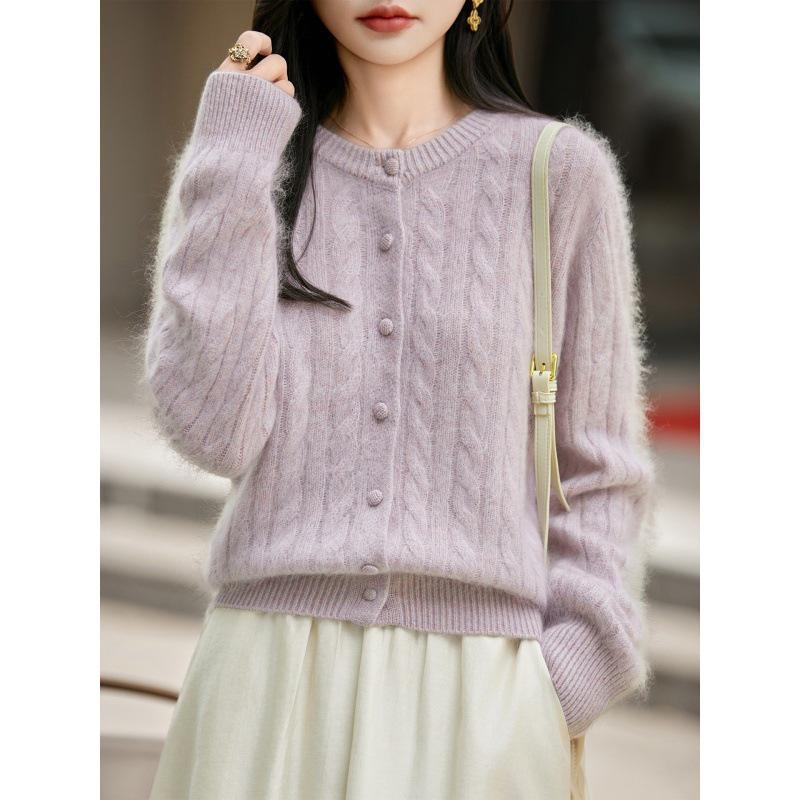 Pink Taro Cable Knit Wool-Blend Cardigan: 2023 Autumn/Winter Women's Long Sleeve Round Neck Sweater