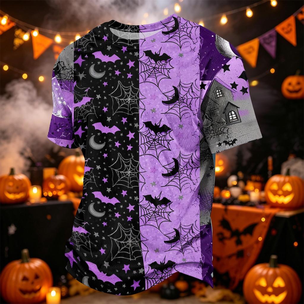 Herren Freizeit-Corduroy-Kurzarmhemd Leicht Atmungsaktiv Rundhalsausschnitt Oberteil Halloween-Muster Design Bequeme Passform