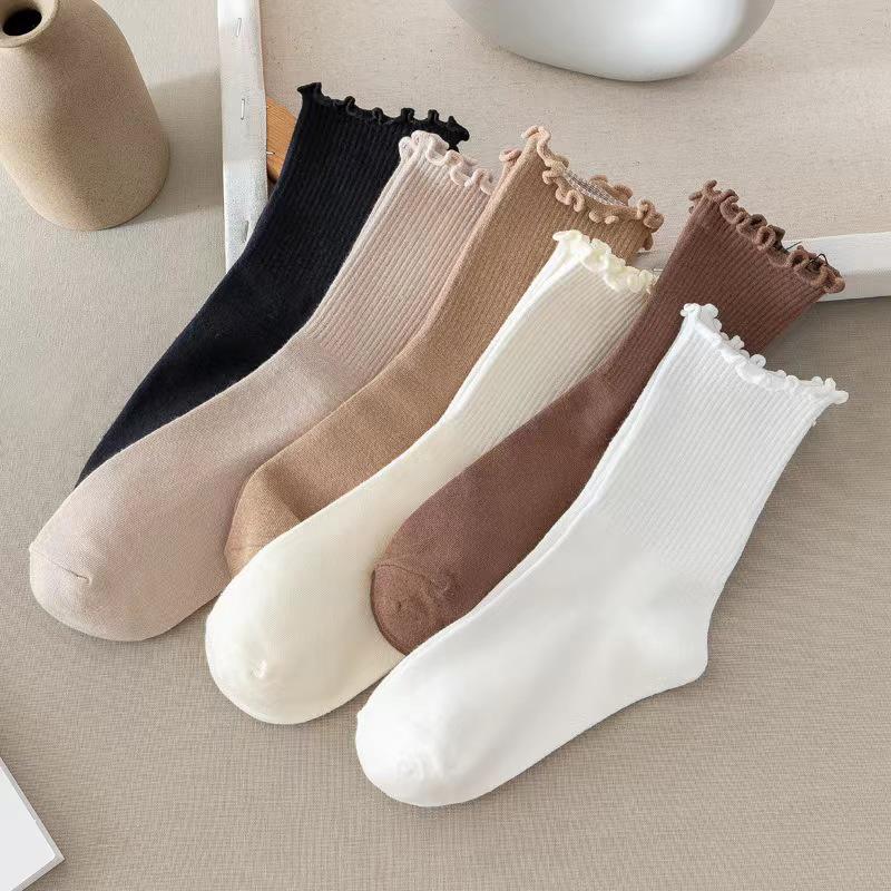 Lace-Edged Mid-Calf Socks: Four-Season Japanese-Style Solid Color Pile and Knee-High.