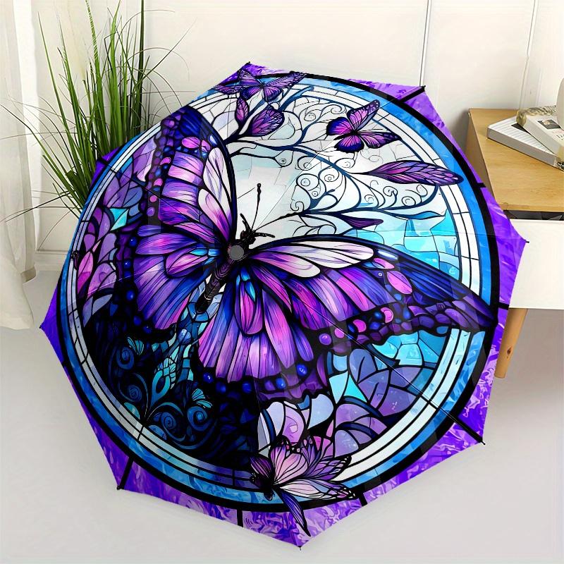 

Butterfly Stained Glass Automatic Folding Umbrella 8 Ribs, Durable Iron Frame, Bright Color Pattern Compact Travel Umbrella, Suitable for O