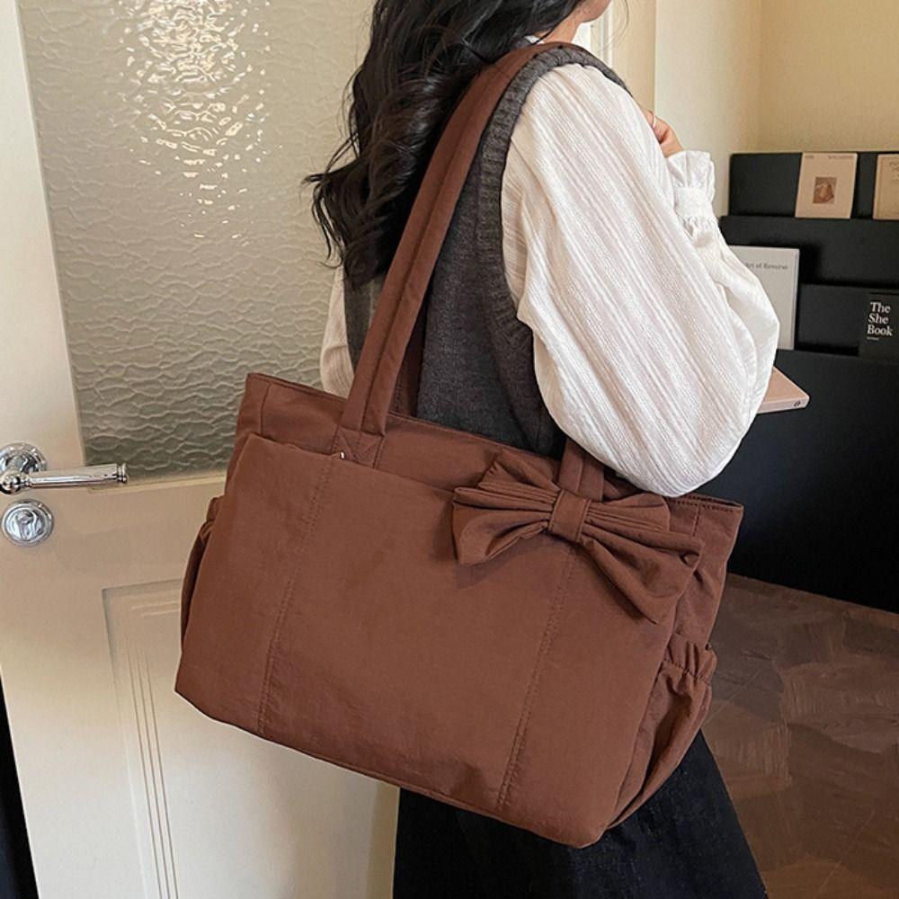 Korean Style Bow Tote Bag Large Capacity Nylon Handbag Cotton Padded Shoulder Bag  Girls