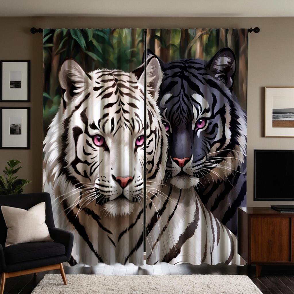 2pcs HD white Siberian tiger decorative curtain White tie digital printed curtain home decoration style decoration living roo