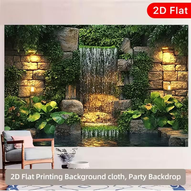 2D Lush Green Waterfall with Stone Wall Background for Photoshoot