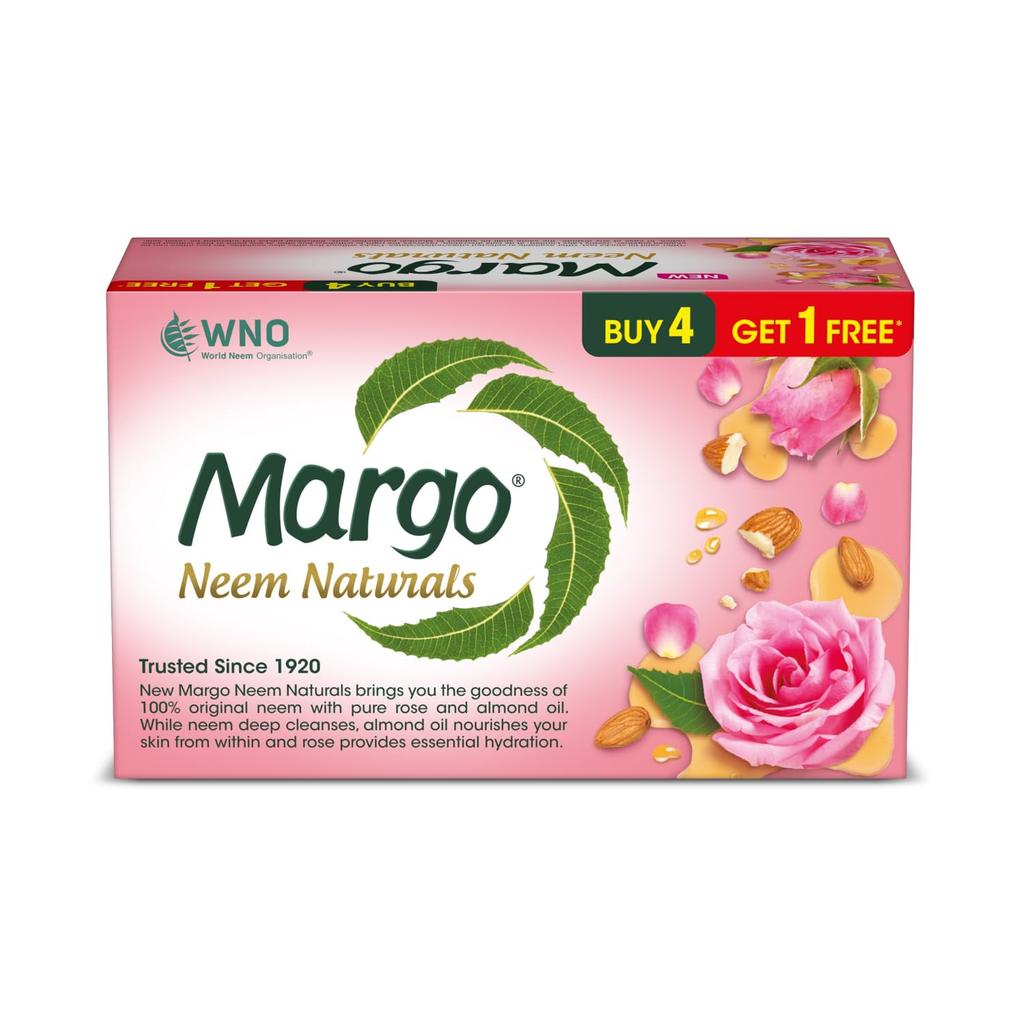 Margo Neem Naturals Soap With Almond Oil & Rose For Clear Radiant Skin (100gm X 5) Pack of 1| Deep Cleansing & Moisturizing Bath Bar
