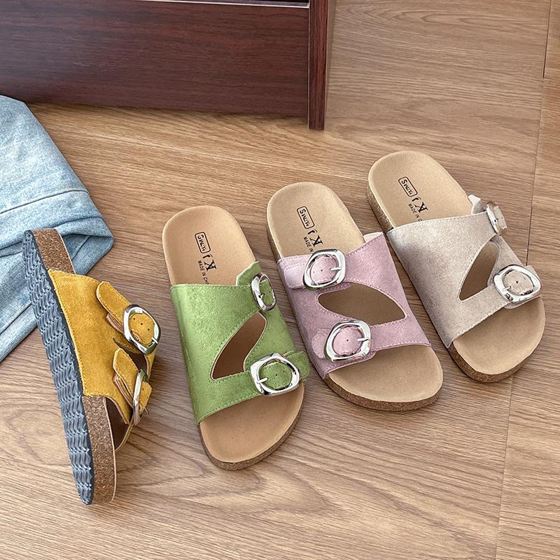 Fashion Flat flip-flops women's summer new round toe open-toe metal belt buckle one-foot slip-on lazy wear beach sandals and slippers