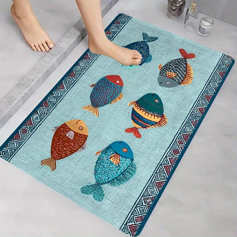 Ethnic Colorful Fish Bath Mat Boho Geometric Border Water Absorbent Non Slip Coastal Ocean Bathroom Front Door Decor Rug
