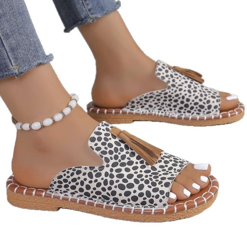 Women's Plus Size Peep Toe Tassel Flat Sandals, Casual Summer Slide Shoes