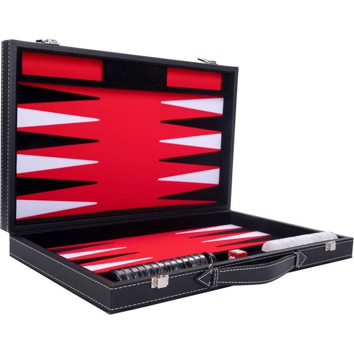 Backgammon de Luxe 18" 45,5 cm- Haute qualité -Simili Cuir, Feutre spécial incrusté, jetons et dés nacrés (Rouge/Noir/Blanc)